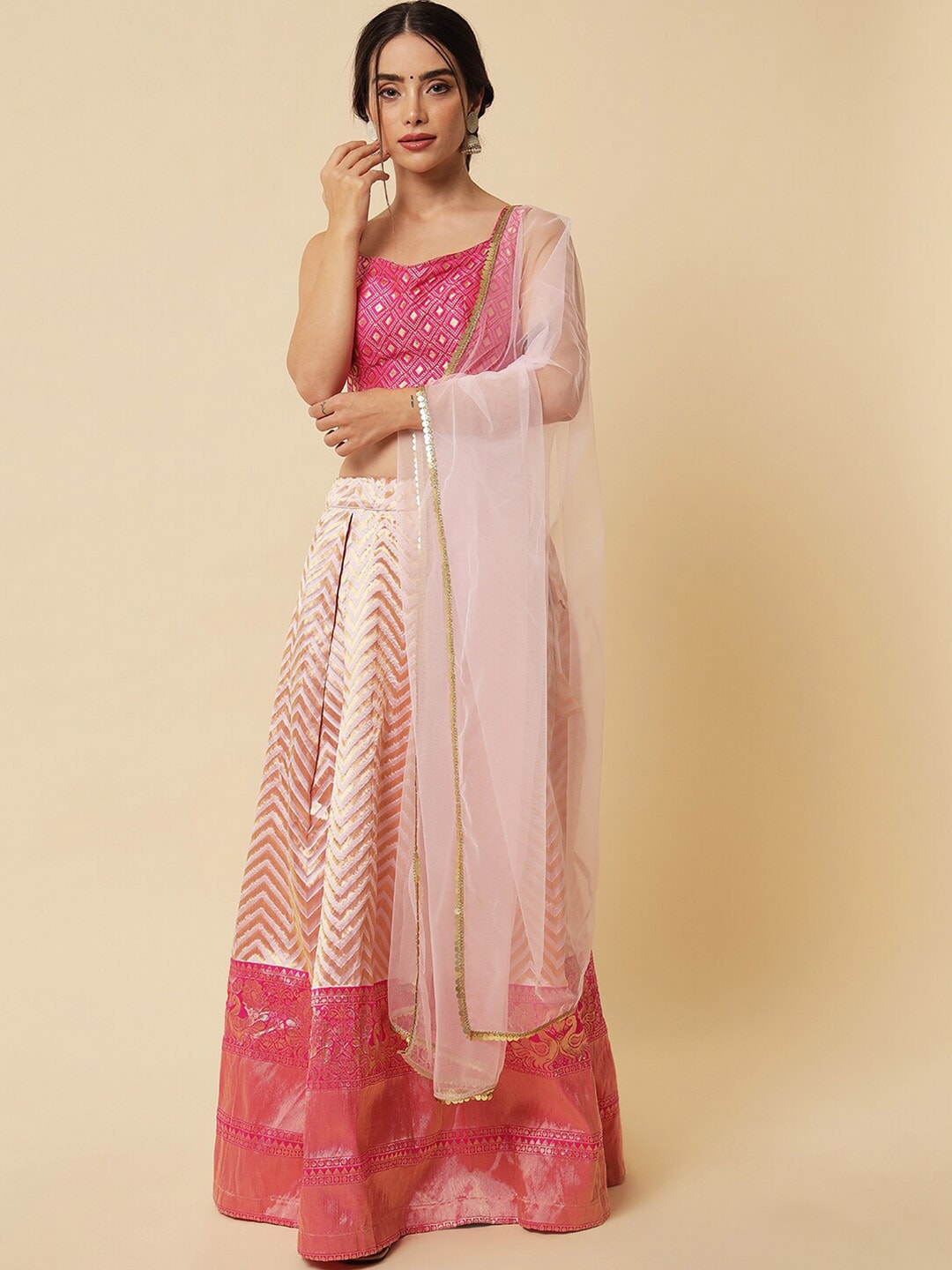 DIVASTRI Pink & Cream-Coloured Embellished Ready to Wear Lehenga & Unstitched Blouse With Dupatta Price in India