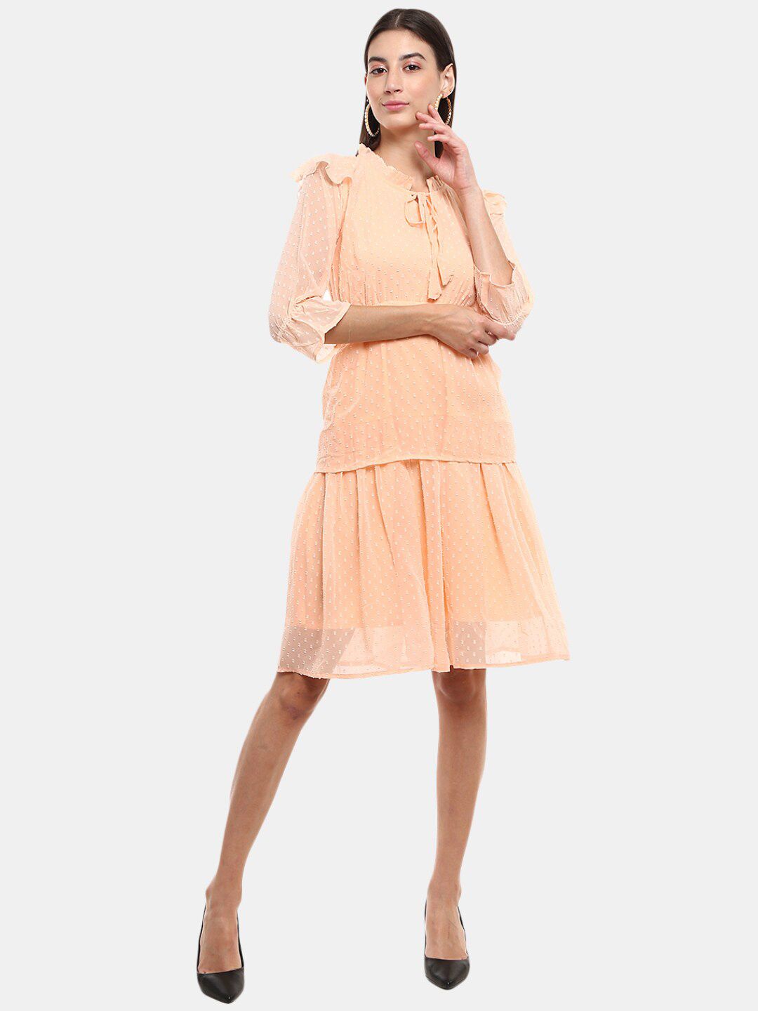 V-Mart Peach-Coloured Tie-Up Neck Satin A-Line Dress Price in India