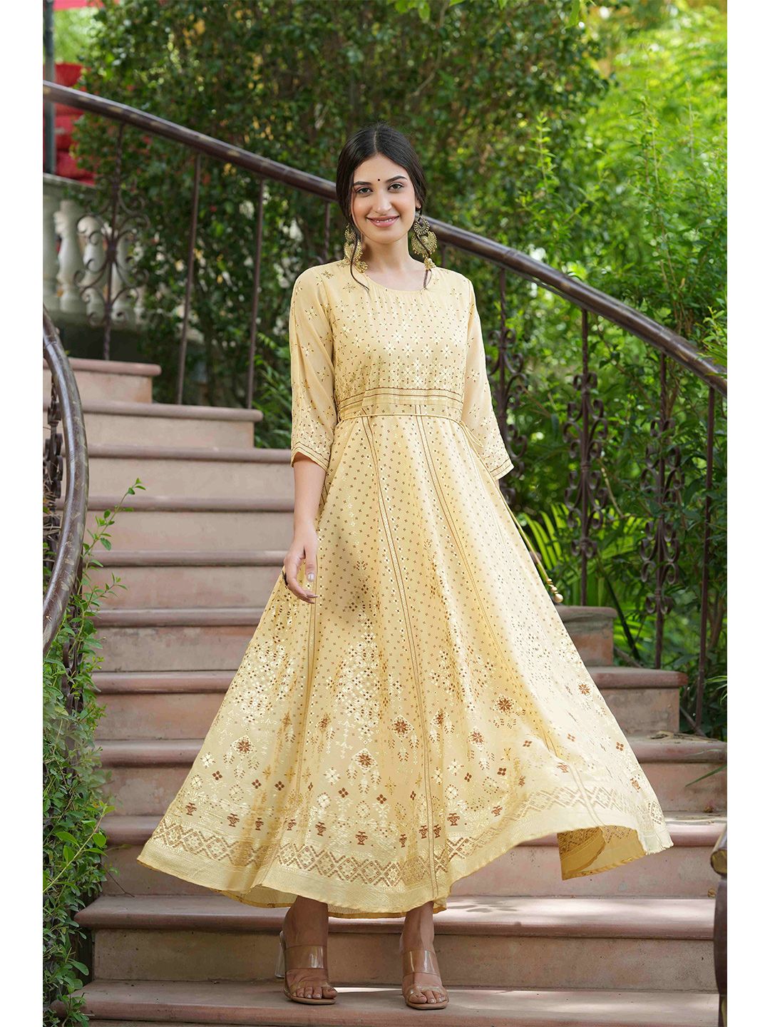 Juniper Yellow Ethnic Motifs Georgette Ethnic Maxi Dress Price in India