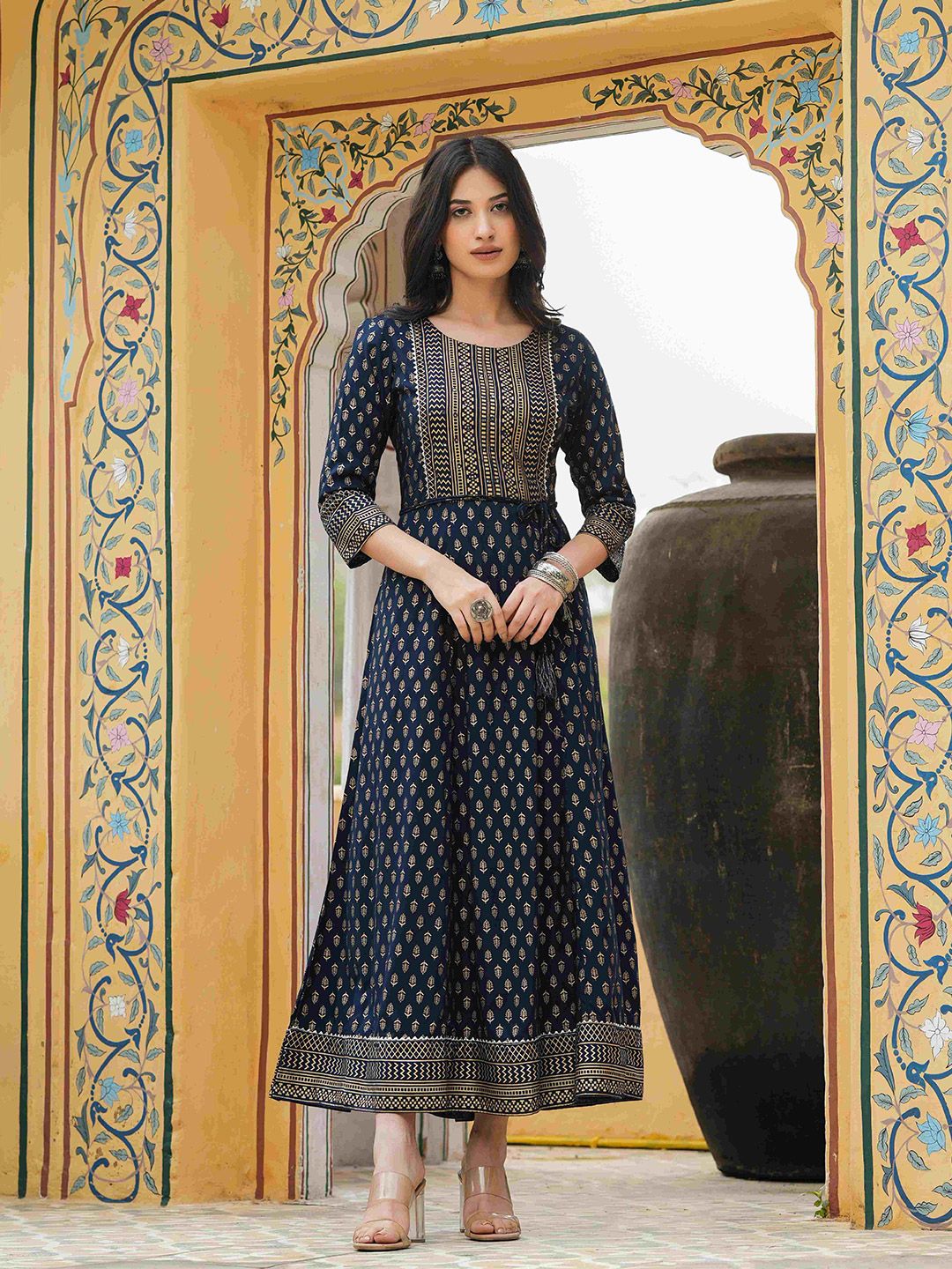 Juniper Navy Blue Ethnic Motifs Ethnic Maxi Dress Price in India