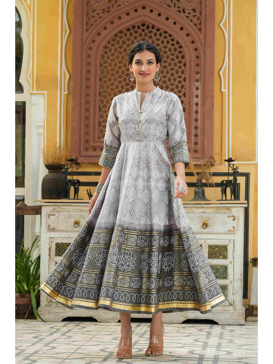 Juniper Grey Melange & Grey Ethnic Motifs Ethnic Maxi Dress Price in India
