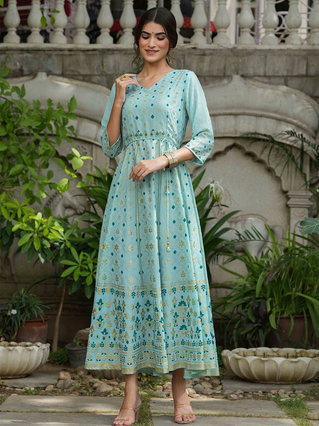 Juniper Teal & Blue Ethnic Motifs Georgette Ethnic Maxi Dress Price in India