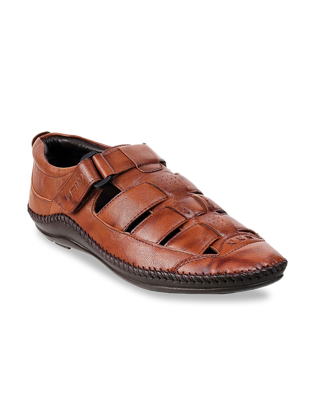 Men Leather Shoe-Style Sandals Metro Men Tan & Black Leather Shoe-Style Sandals