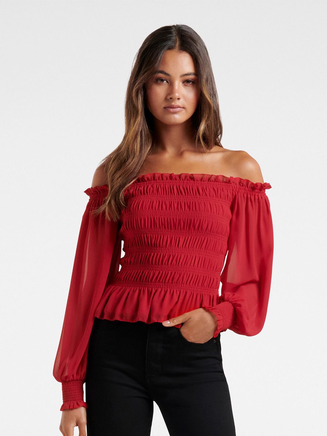 Forever New Women Red Off-Shoulder Bardot Top Price in India
