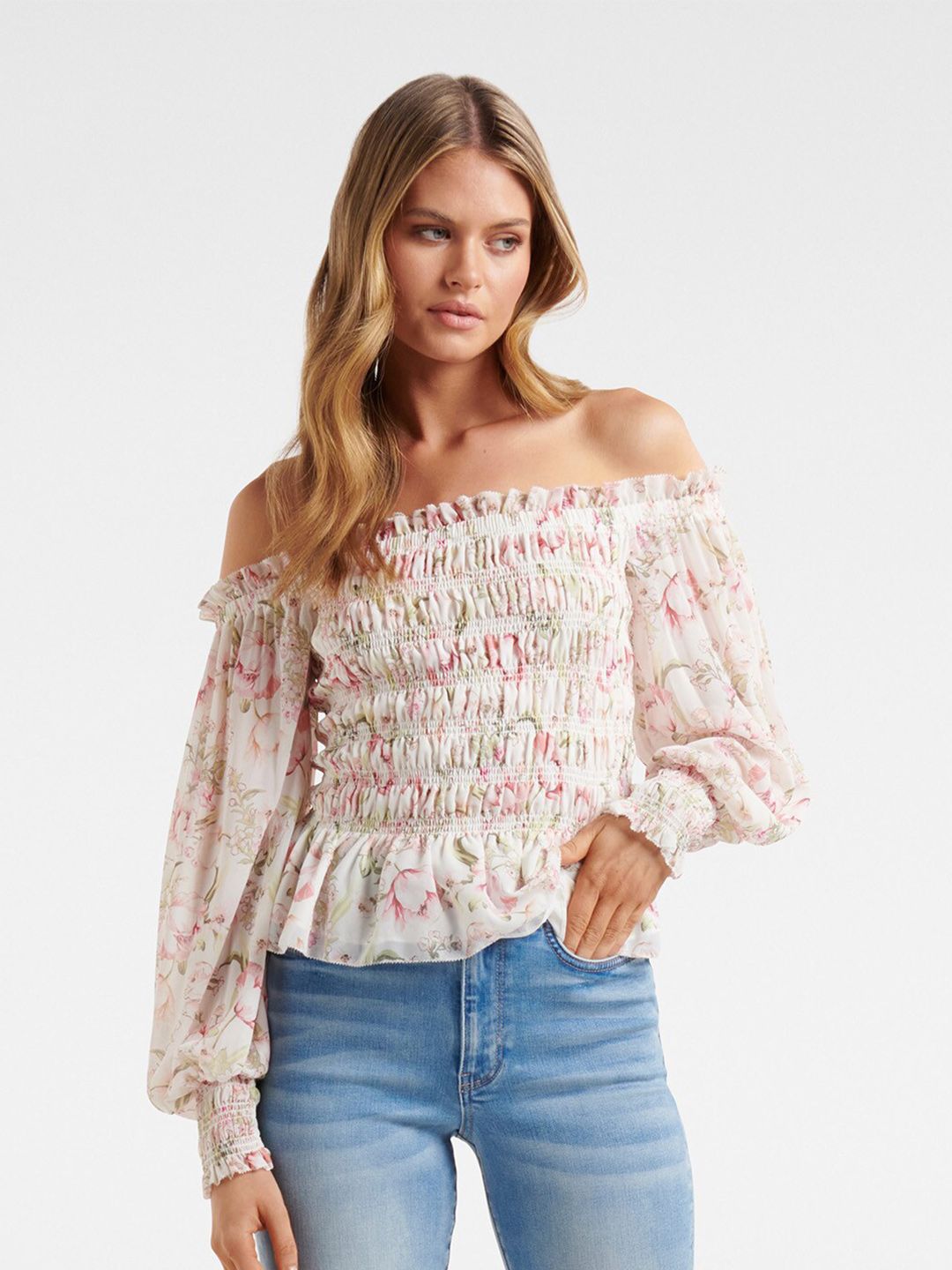 Forever New Pink Floral Print Off-Shoulder Bardot Top Price in India