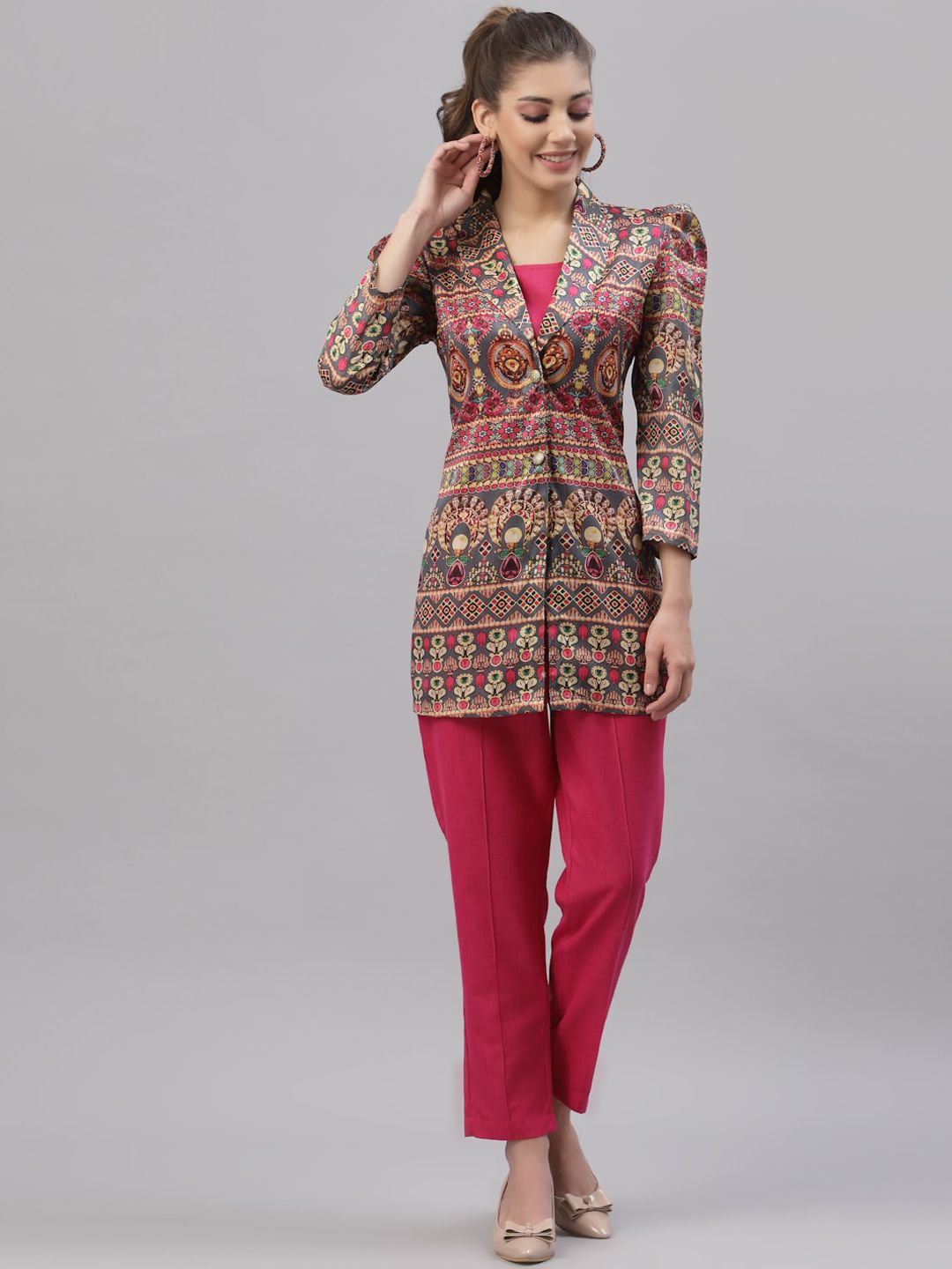 Get Glamr Women Magenta Solid Top with Trousers and Designer Jacket Co-Ords Price in India