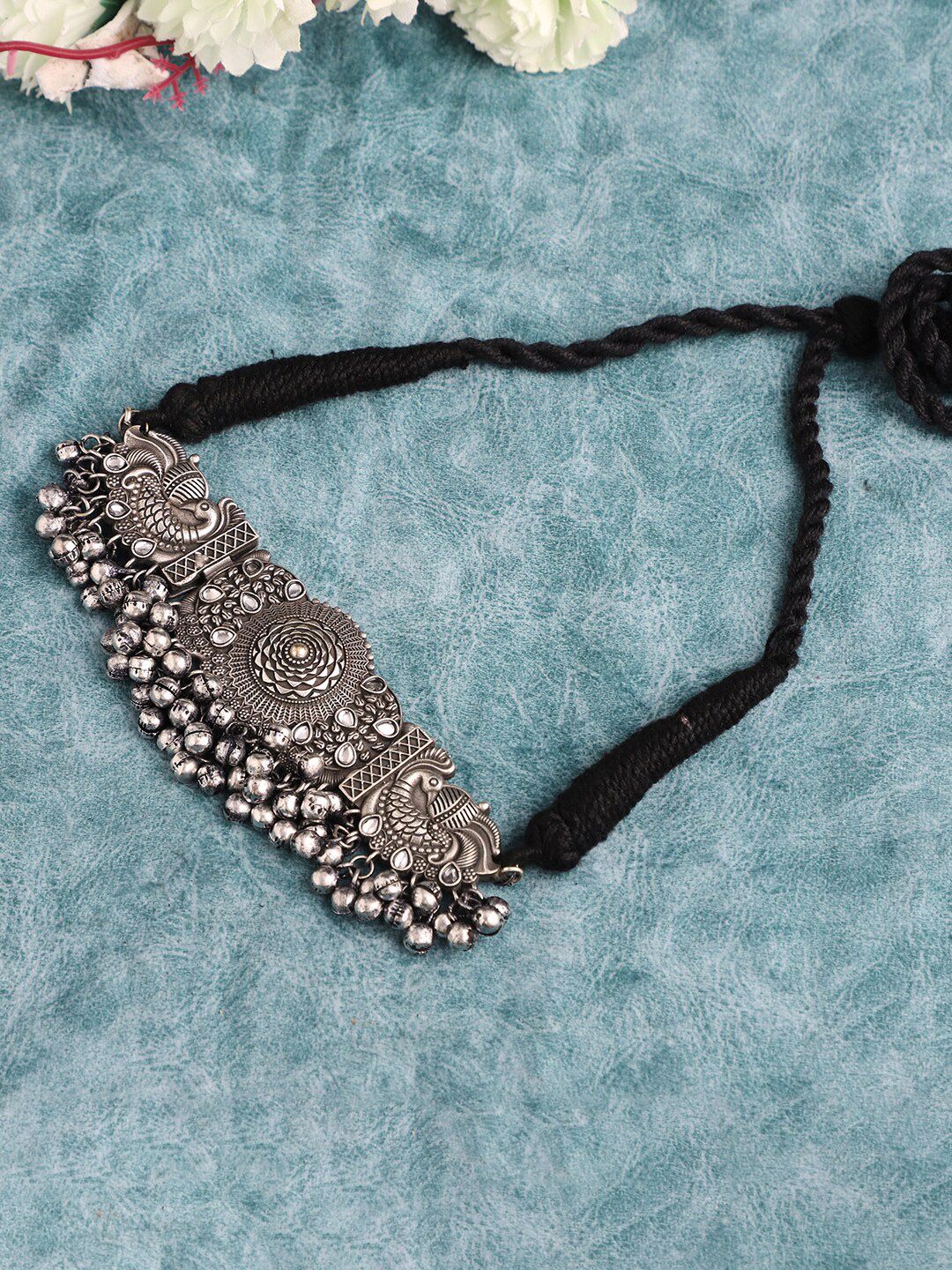 VENI Silver-Toned & White Brass Silver-Plated Oxidised Necklace Price in India