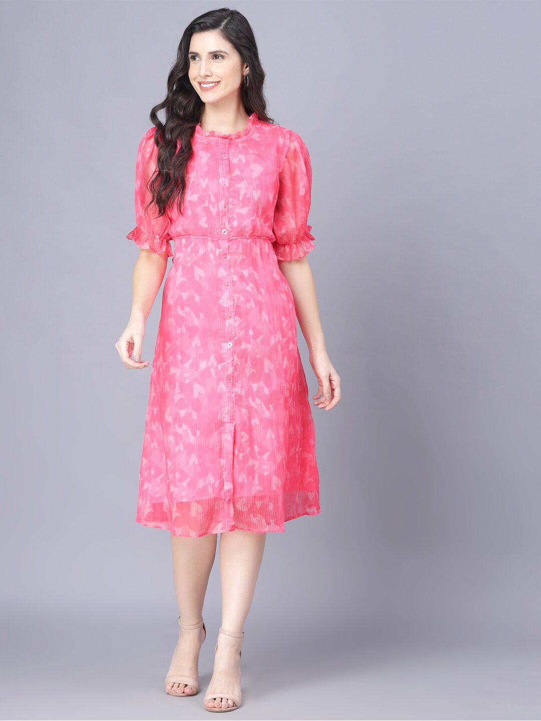 Myshka Women Pink & White Floral Organic Cotton Midi Dress Price in India