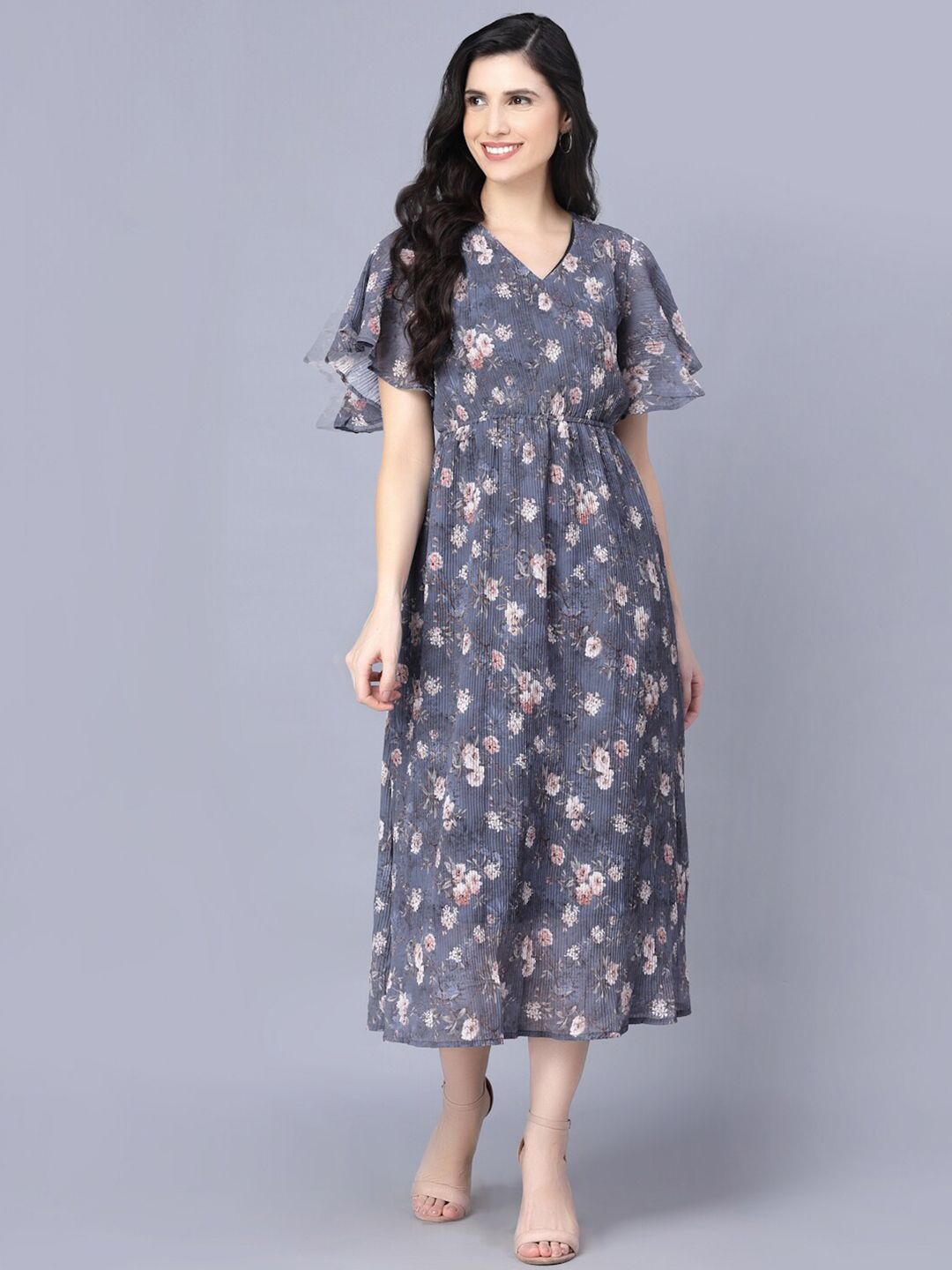 Myshka  Women Grey Floral Midi Dress Price in India