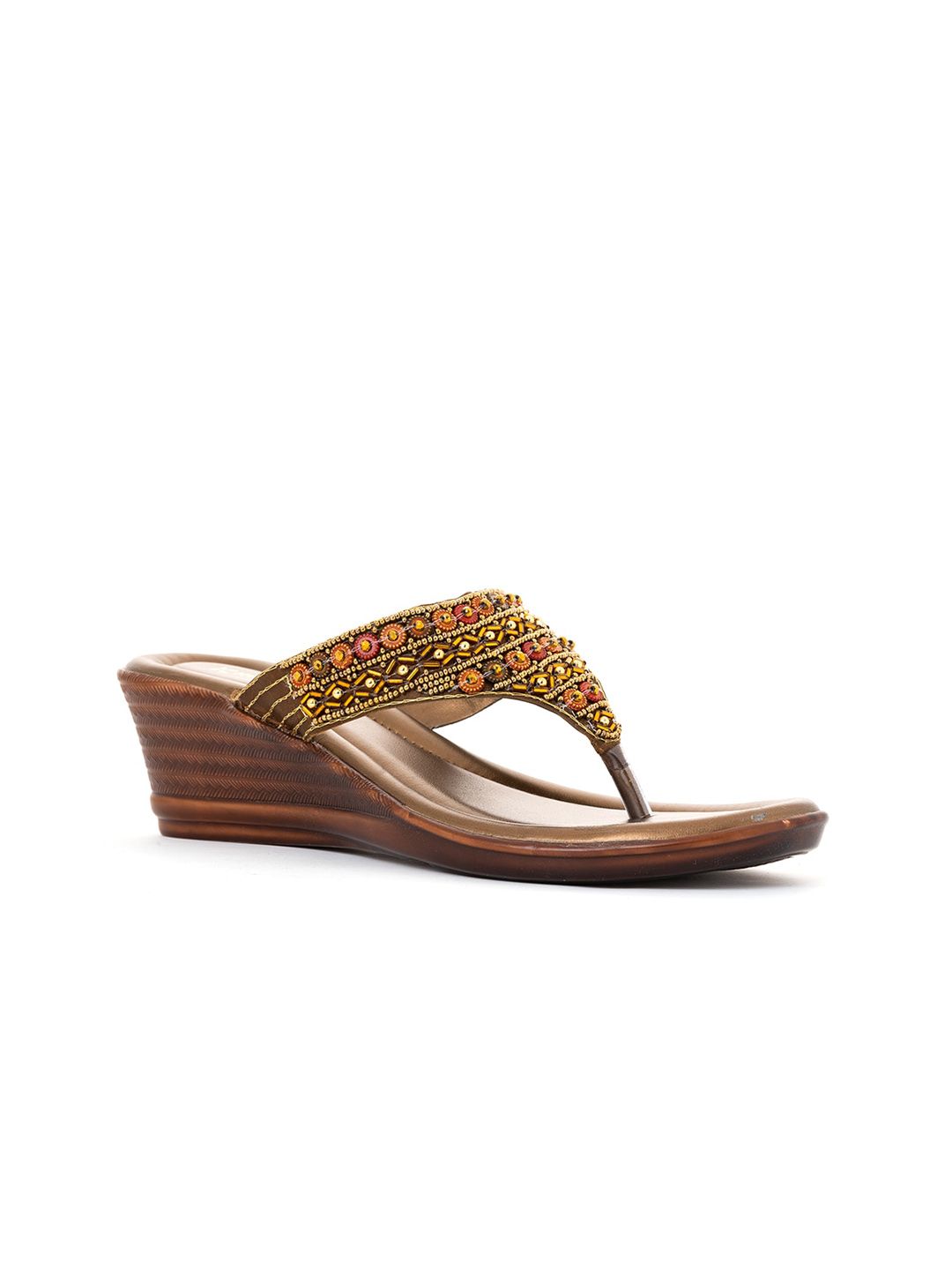 Khadims Women Brown Embellished Ethnic Wedge Sandals Price in India