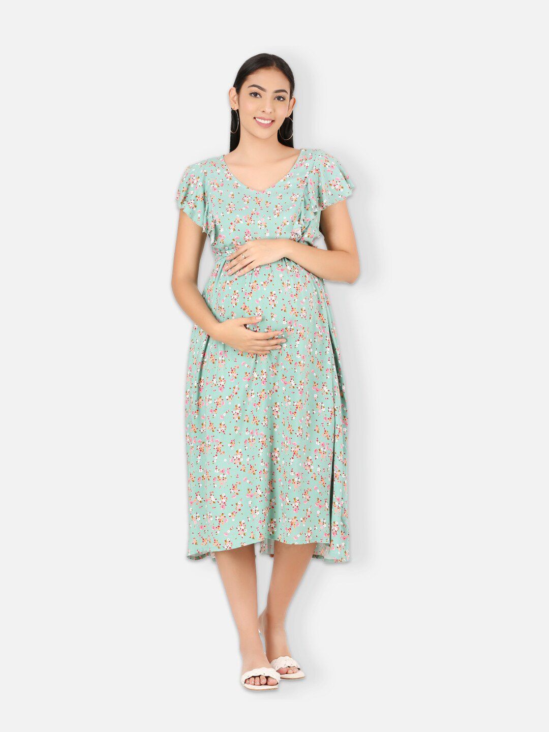 MYLO ESSENTIALS Green Floral Maternity A-Line Midi Dress Price in India