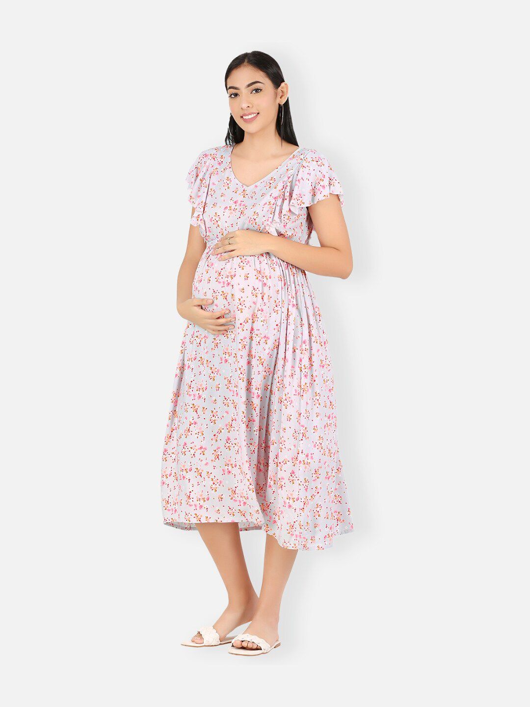 MYLO ESSENTIALS Grey & Pink Floral Maternity Midi Dress Price in India