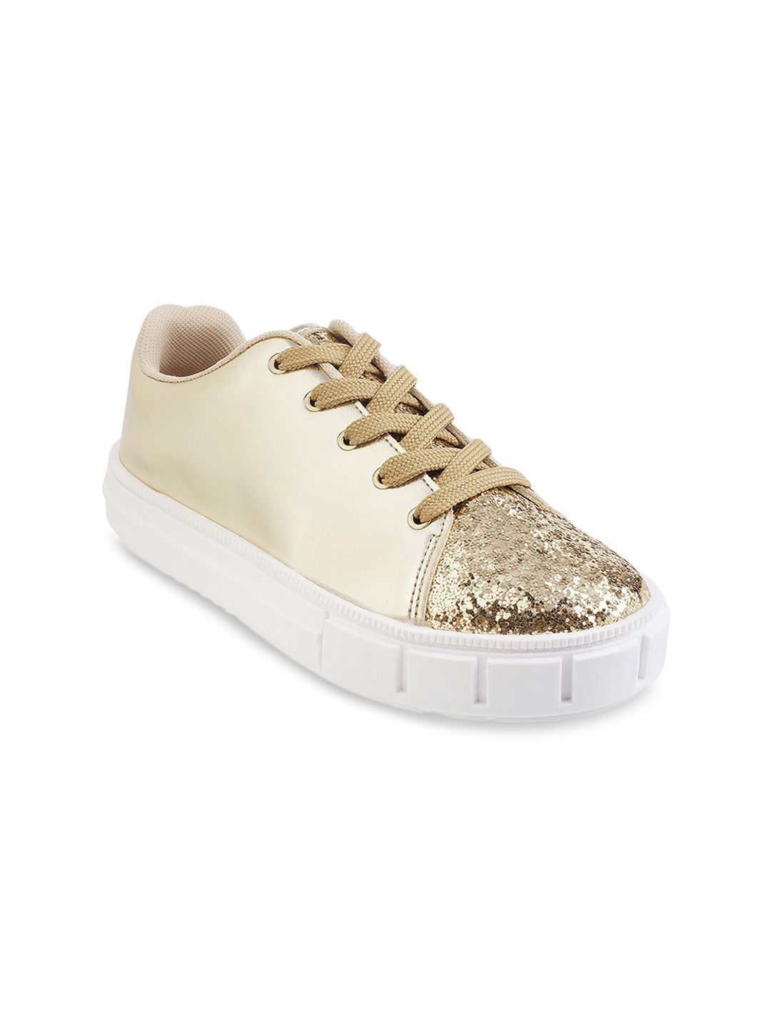 Mochi Women Gold-Toned Colourblocked Lace-Up Sneakers Price in India
