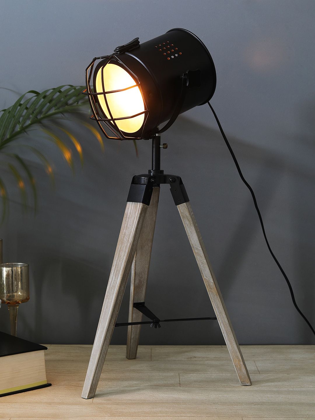 OddCroft Black & Brown Solid Round Table Floor Tripod Lamp Price in India