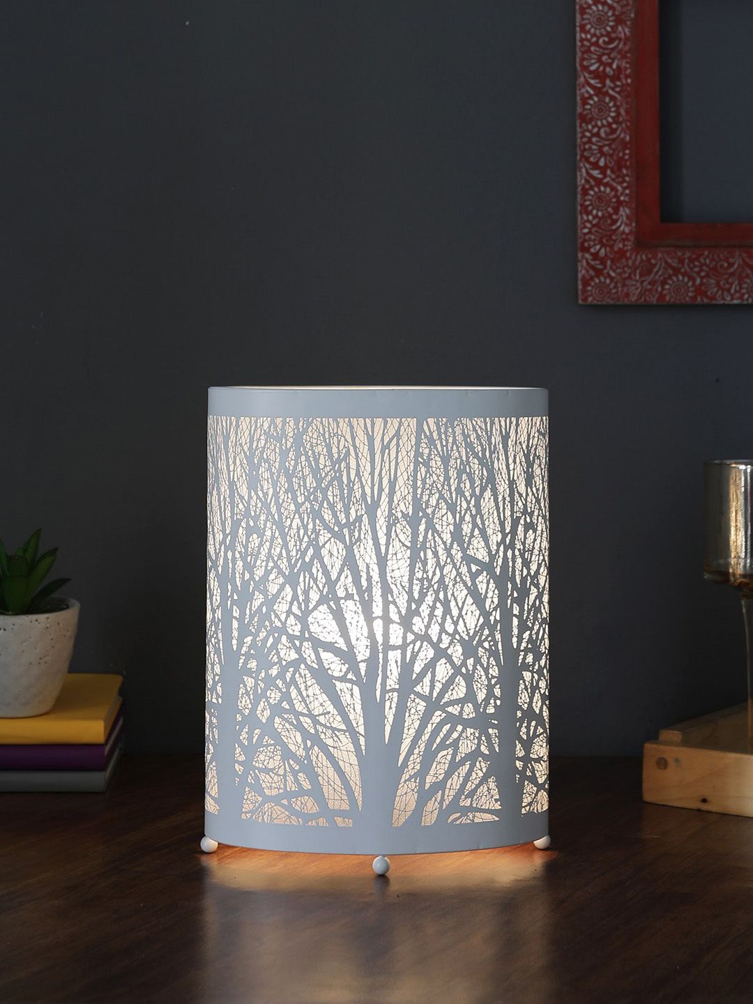 OddCroft White Textured cylindrical Forest Table Lamp Price in India