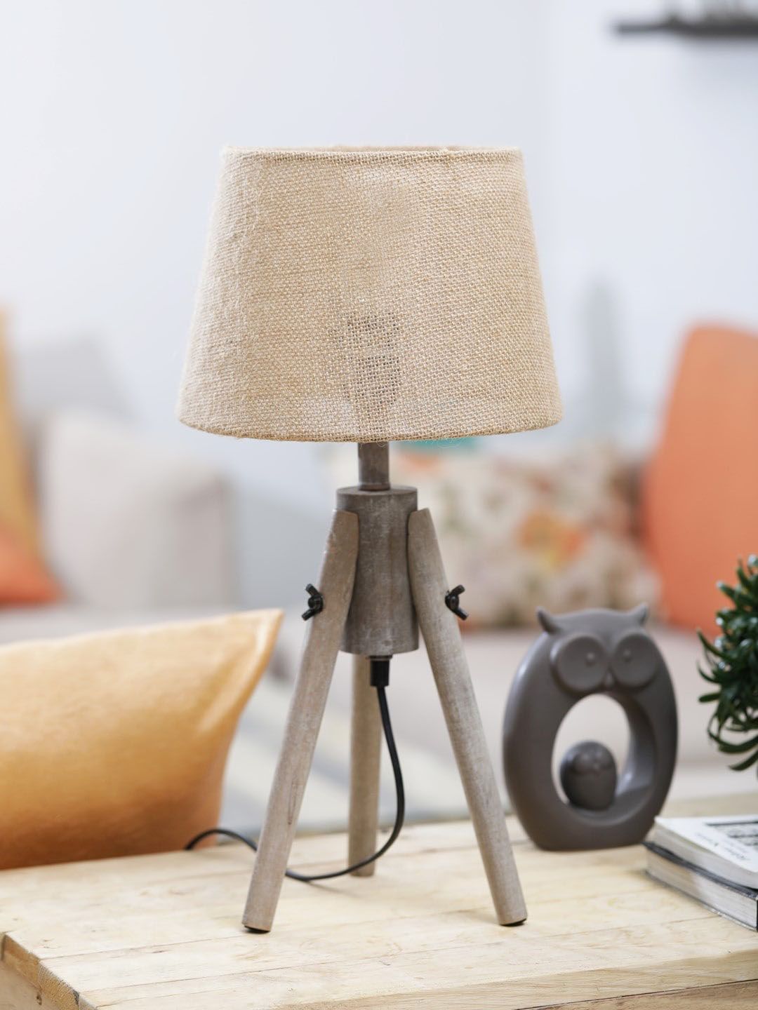 OddCroft Brown Solid Wooden Table Lamp Price in India