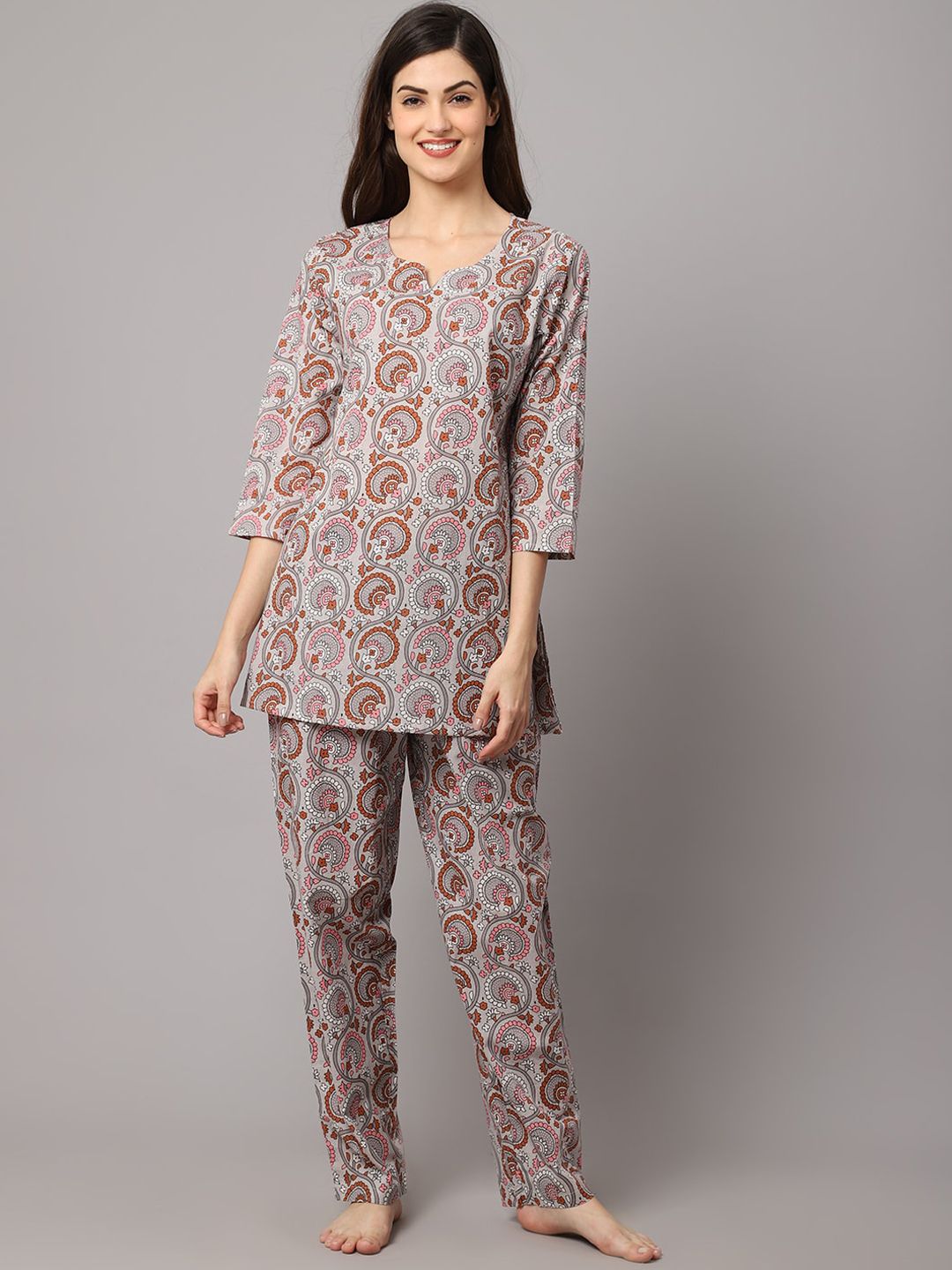 Shararat Women Grey Melange & Red Printed Night suit Price in India