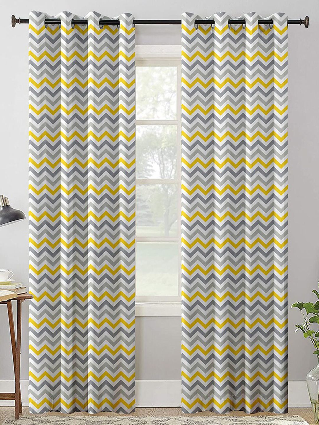 AEROHAVEN Grey & Yellow Digital Zig Zag Print Room Darkening Door Curtain Set Of 2 Price in India