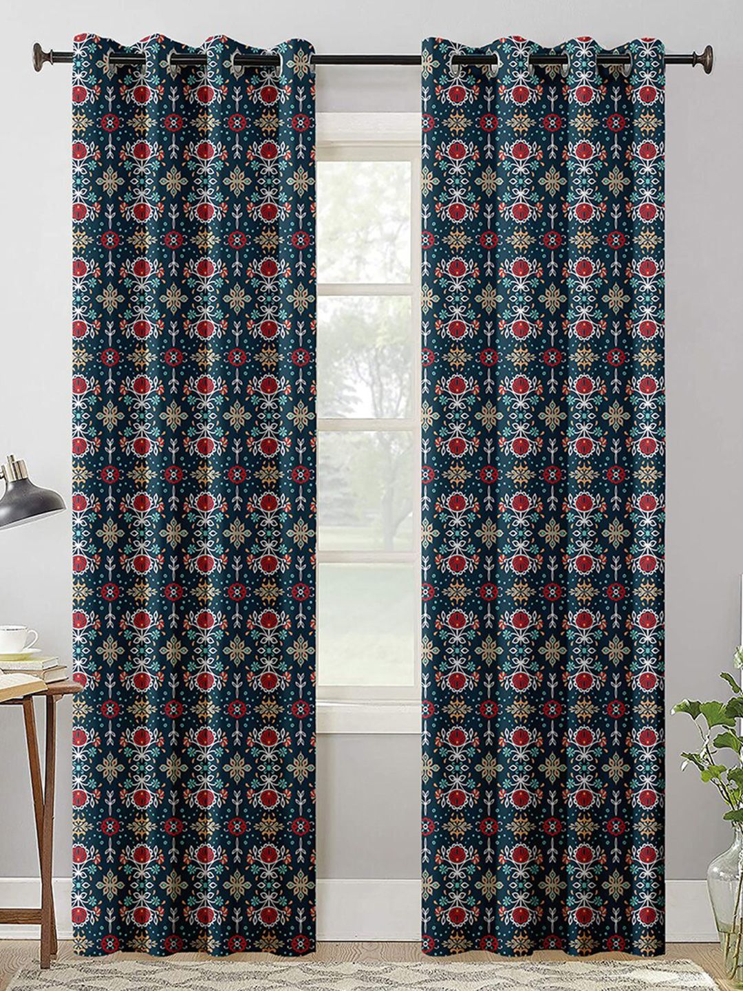 AEROHAVEN Blue & Red Set of 2 Room Darkening Door Curtain Price in India