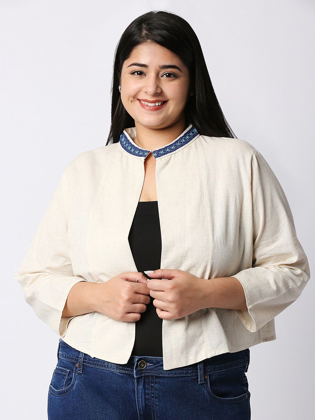 Style Quotient Women Plus Size Off White & Blue Shrug Price in India