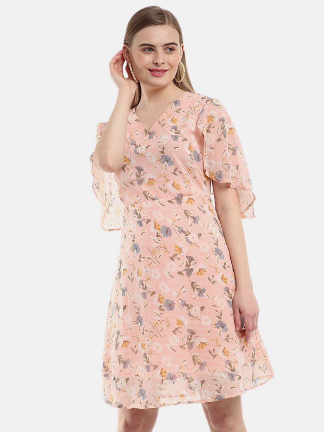 V-Mart Peach-Coloured Floral A-Line Dress Price in India