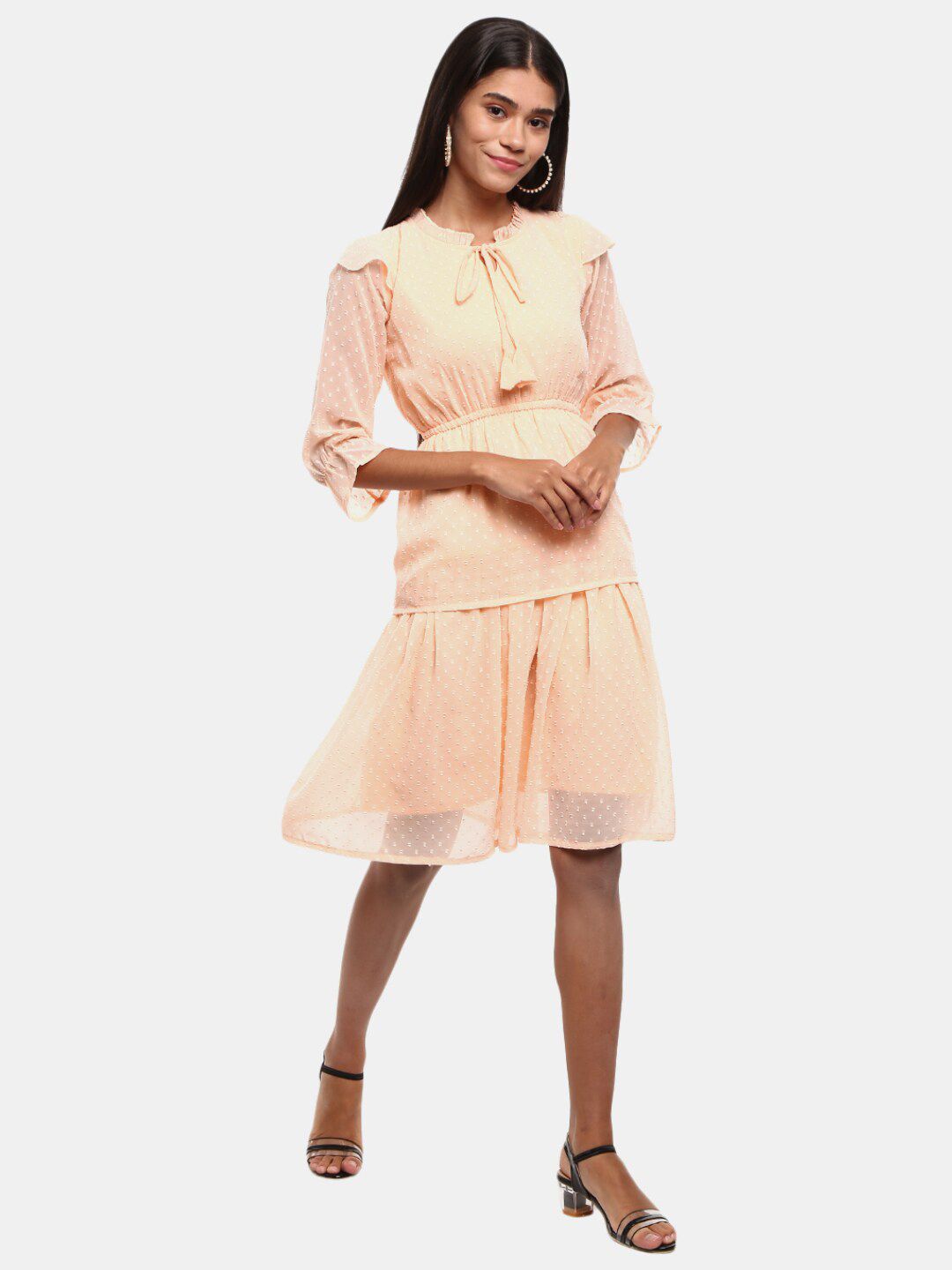 V-Mart Peach-Coloured Tie-Up Neck Georgette  Dress Price in India