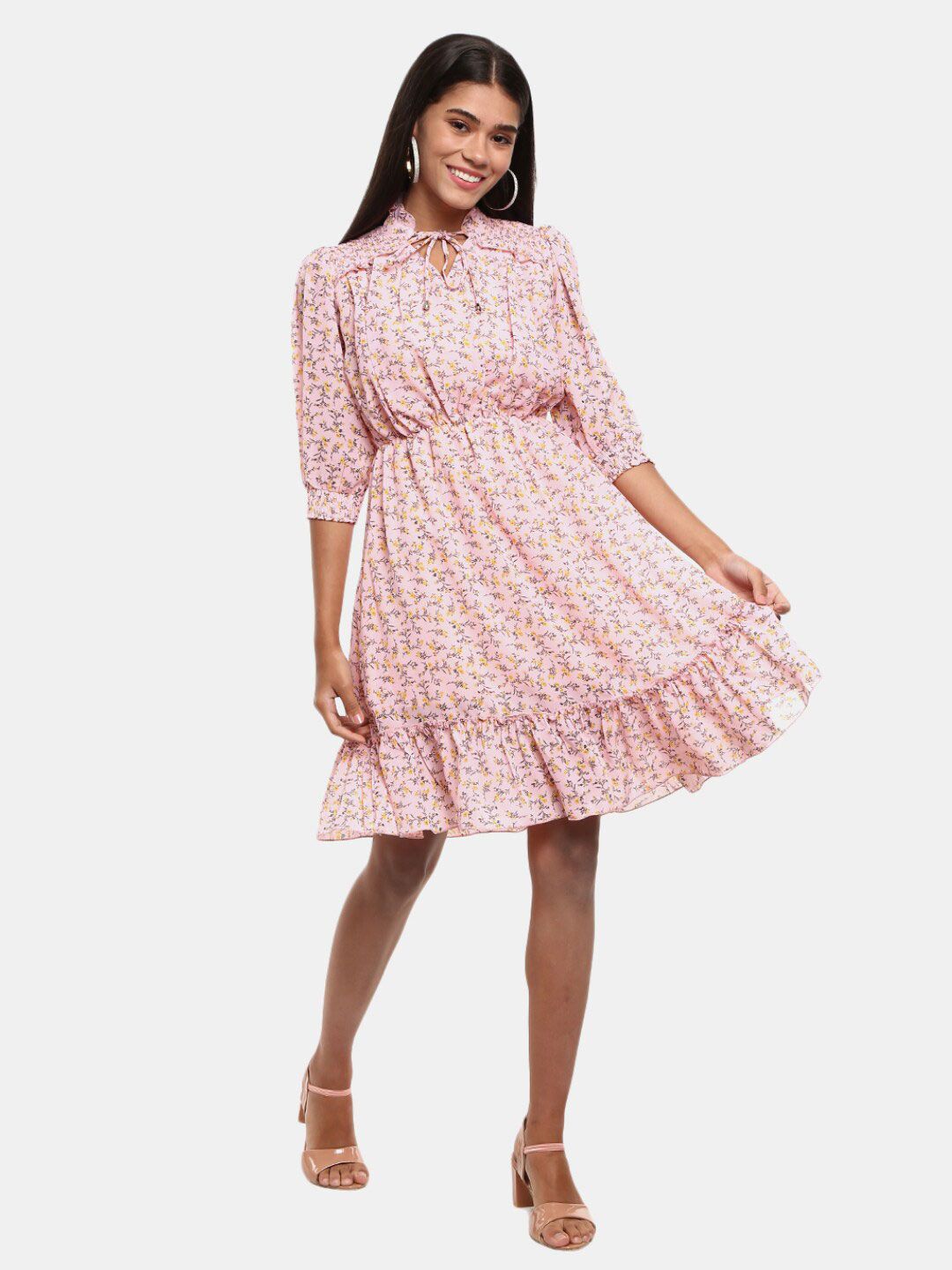 V-Mart Pink Floral Tie-Up Neck Satin Dress Price in India