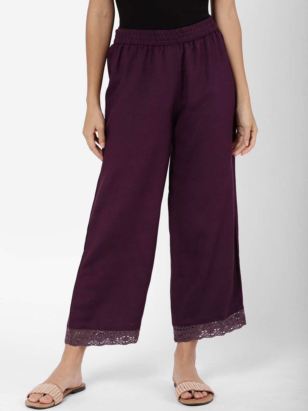 R&B Women Purple Ethnic Motifs Printed Relaxed Straight Leg Loose Fit Trousers Price in India