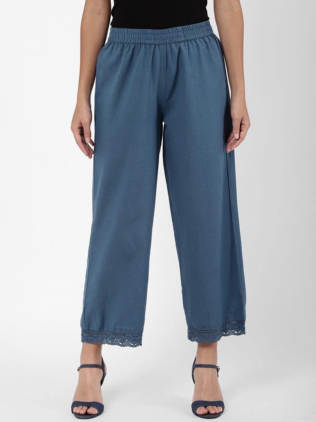 R&B Women Blue Relaxed Straight Leg Loose Fit Trousers Price in India