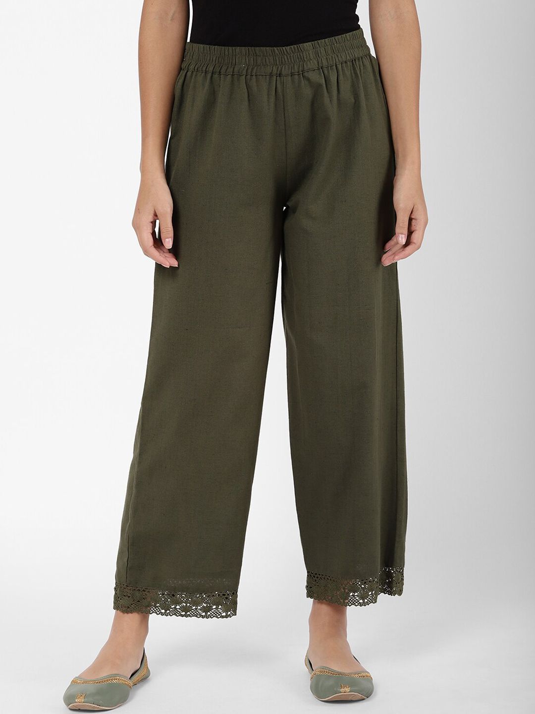 R&B Women Olive Green Relaxed Straight Leg Loose Fit Trousers Price in India
