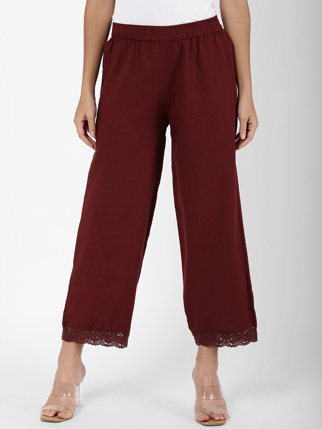 R&B Women Maroon Relaxed Straight Leg Loose Fit Trousers Price in India