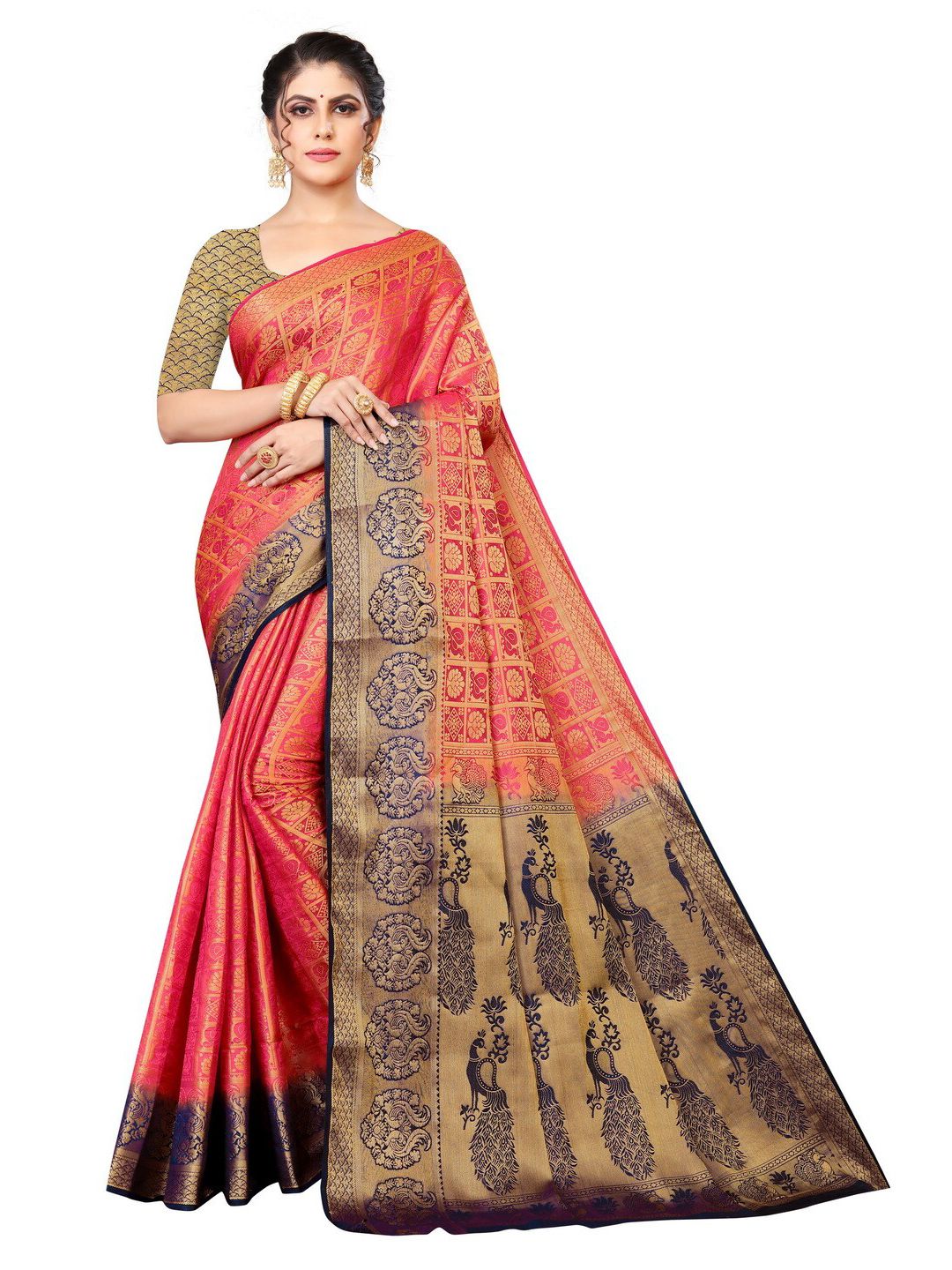 MOKSHA DESIGNS Red & Blue Ethnic Motifs Zari Pure Silk Banarasi Saree Price in India