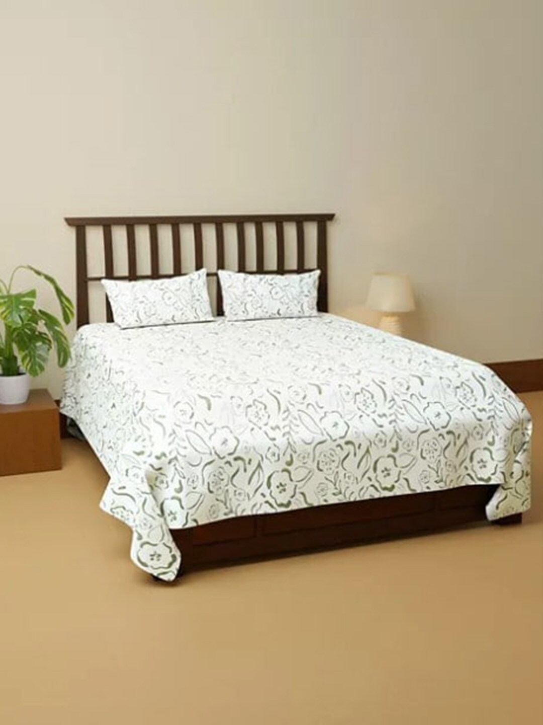 Marks & Spencer White & Olive Floral Printed Double XL Bedding Set Price in India