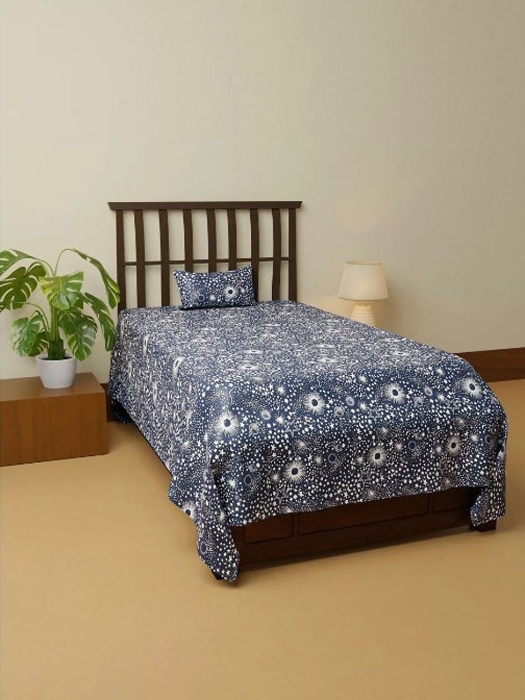Marks & Spencer Navy Blue And White Space Print Cotton Single Bedsheet With 1 Pillow Cover Price in India