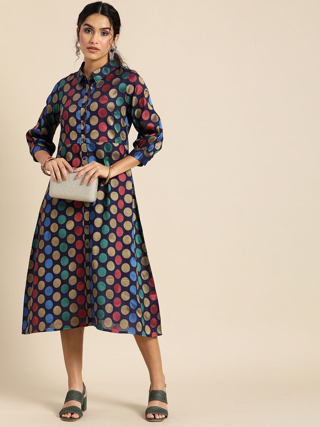 Sangria Navy Blue & Red Geometric Woven Design Pure Cotton Ethnic Dress Price in India