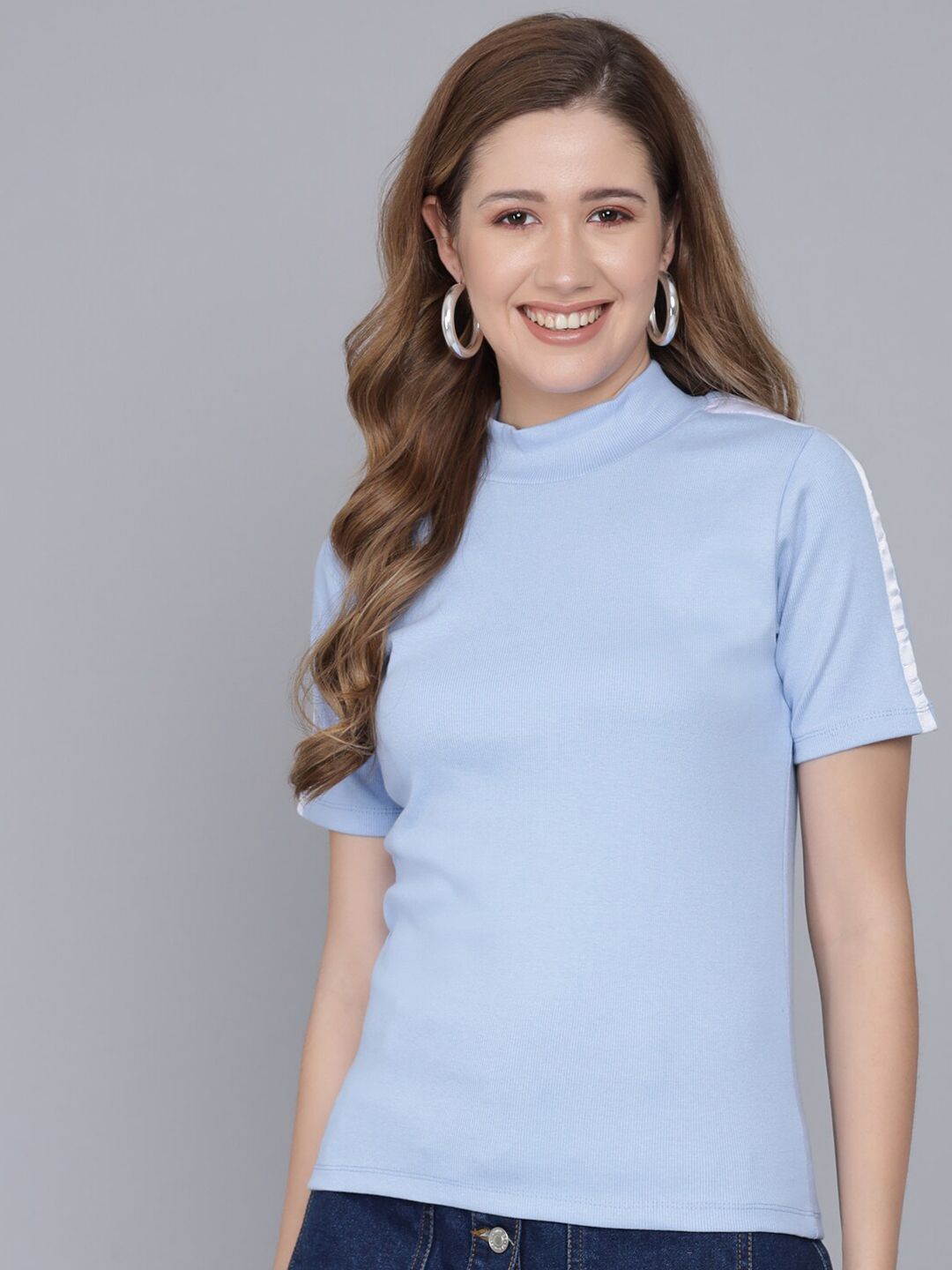 Q-rious Womens Solid Blue High Neck Top Price in India