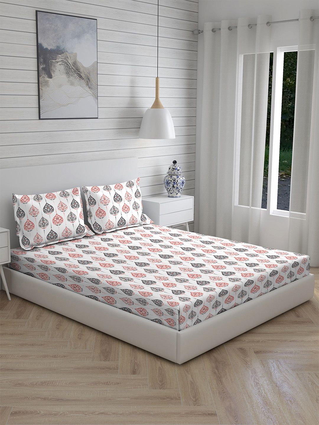 Layers Grey & White Ethnic Motifs 144 TC King Bedsheet with 2 Pillow Covers Price in India