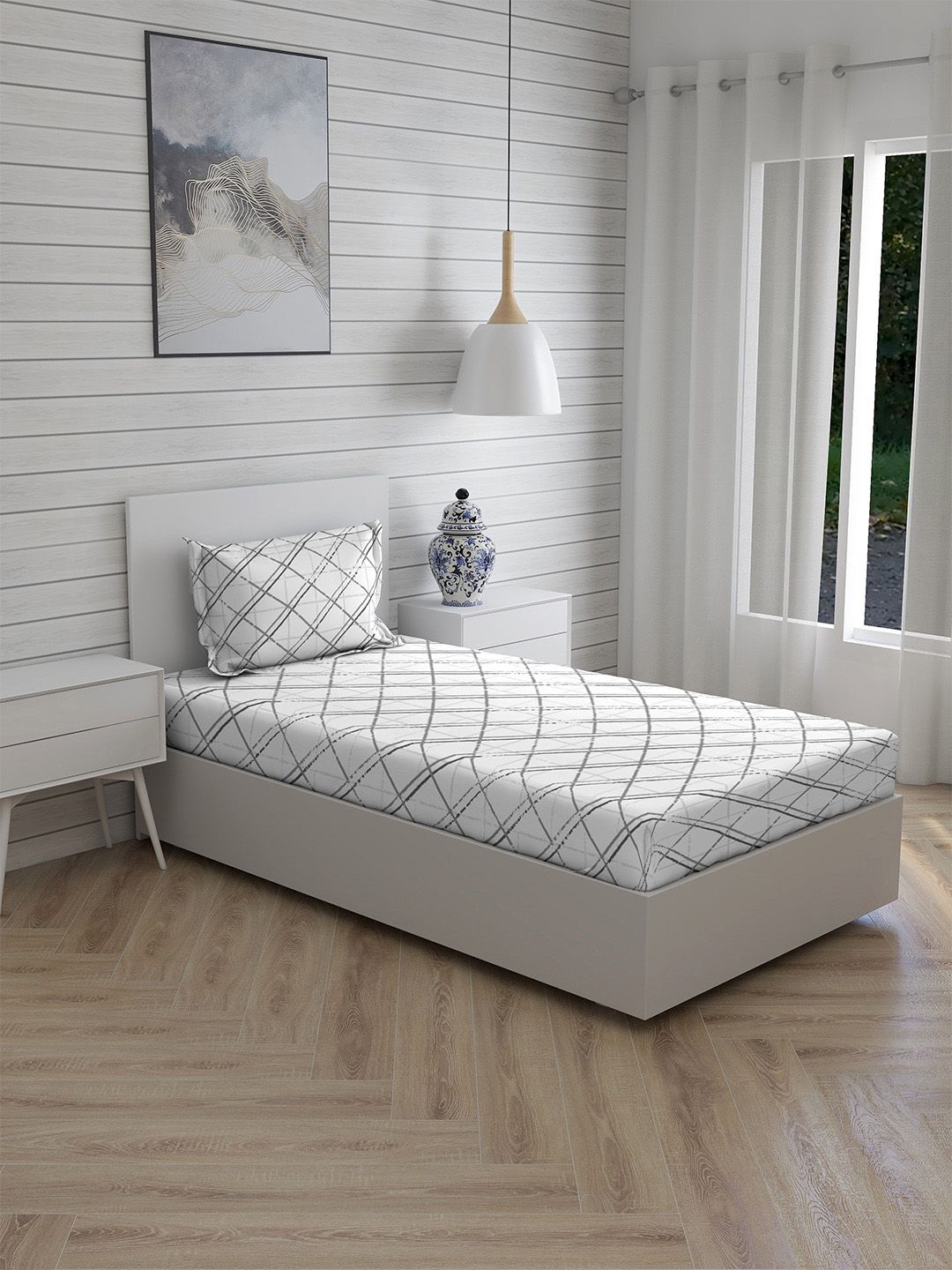 Layers Grey & White Geometric 144 TC Single Bedsheet with 1 Pillow Covers Price in India