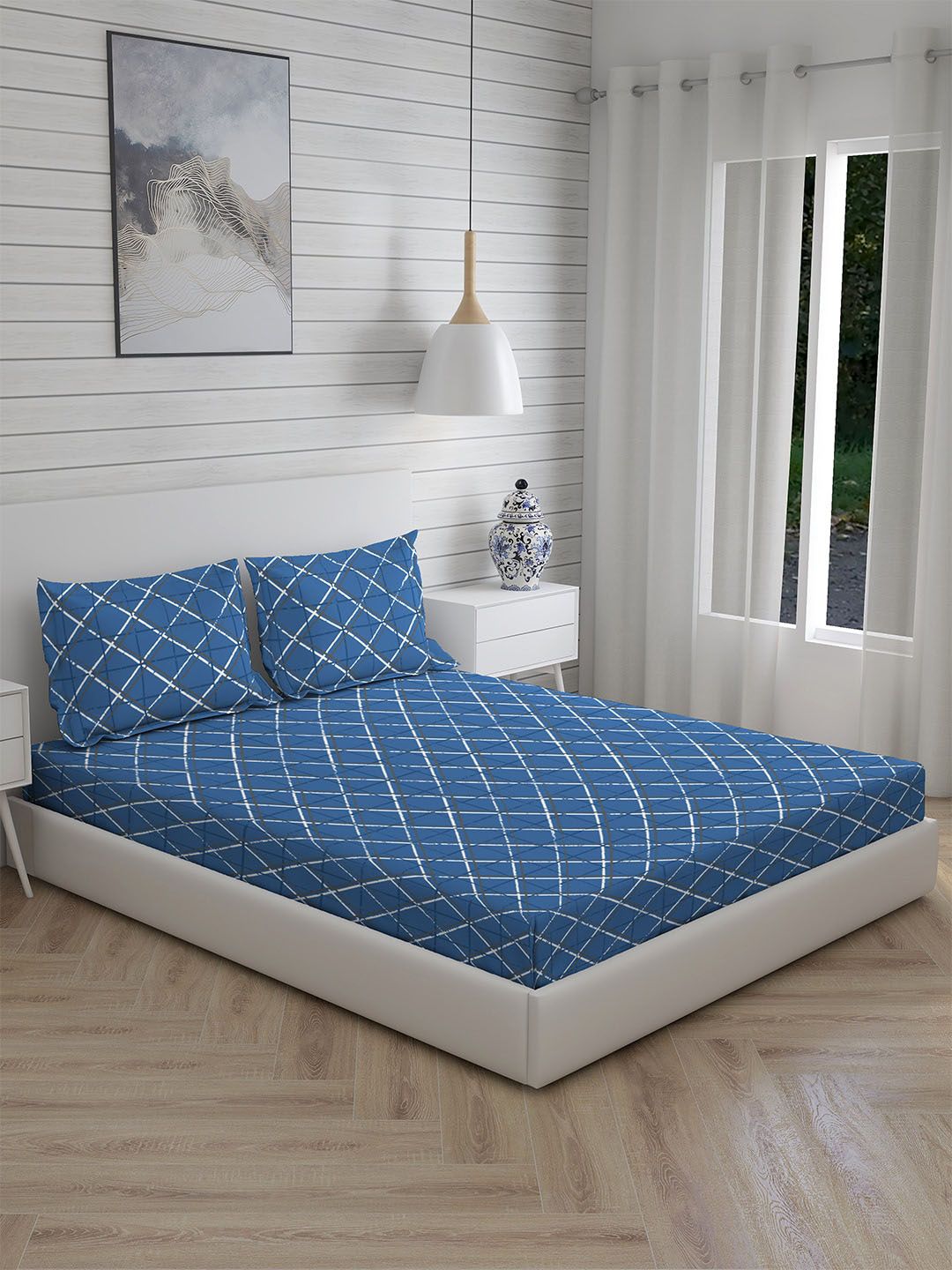 Layers Bologna 100% Cotton 146 TC King Sized Double Bedsheets (Blue) Price in India