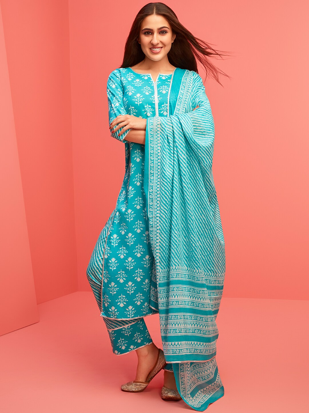 Libas Women Blue Floral Printed Pure Cotton Kurta with Trousers & Dupatta Price in India