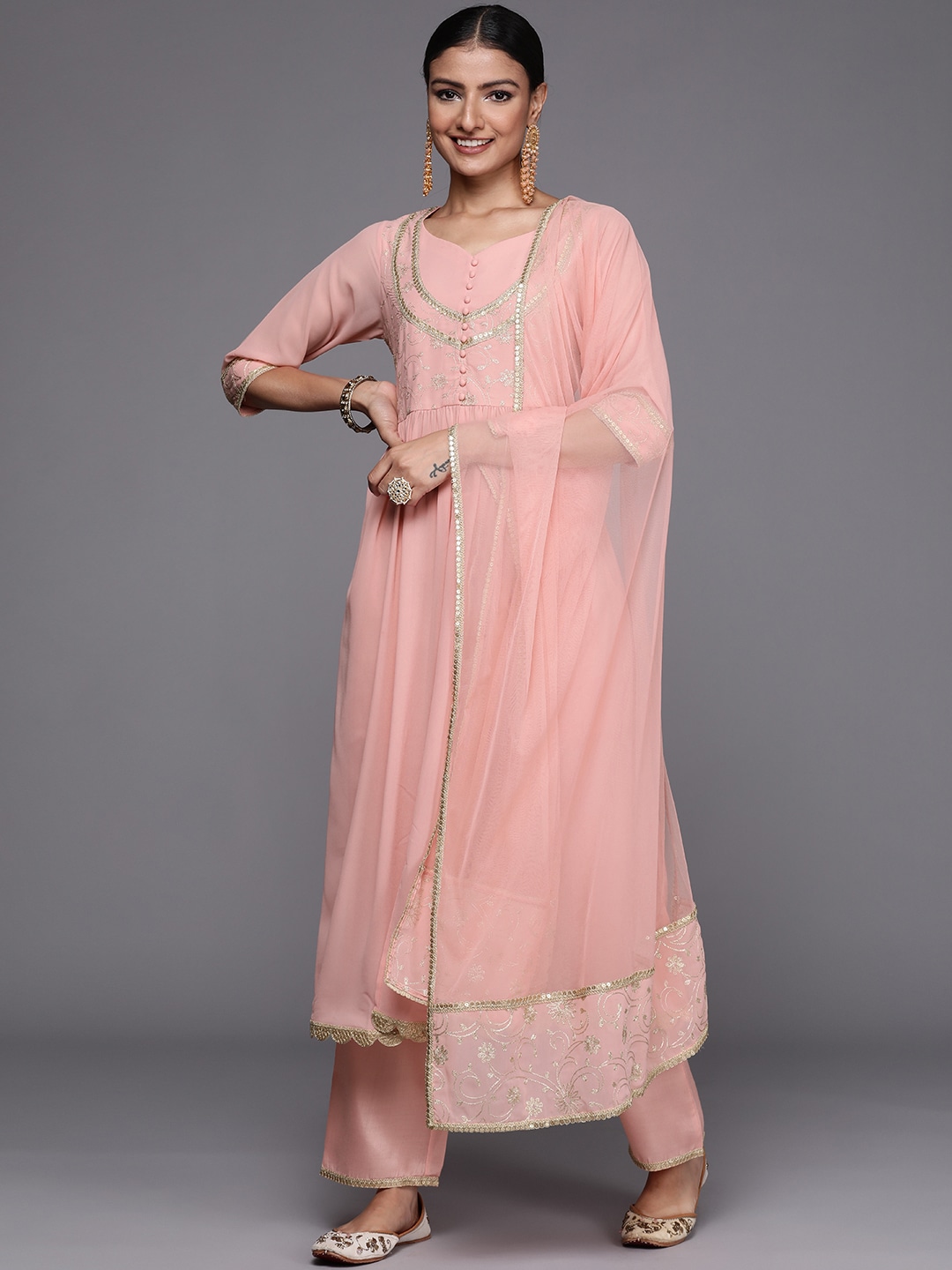 Libas Women Pink Floral Yoke Design Pleated Zari Work Kurta with Trousers & With Dupatta Price in India