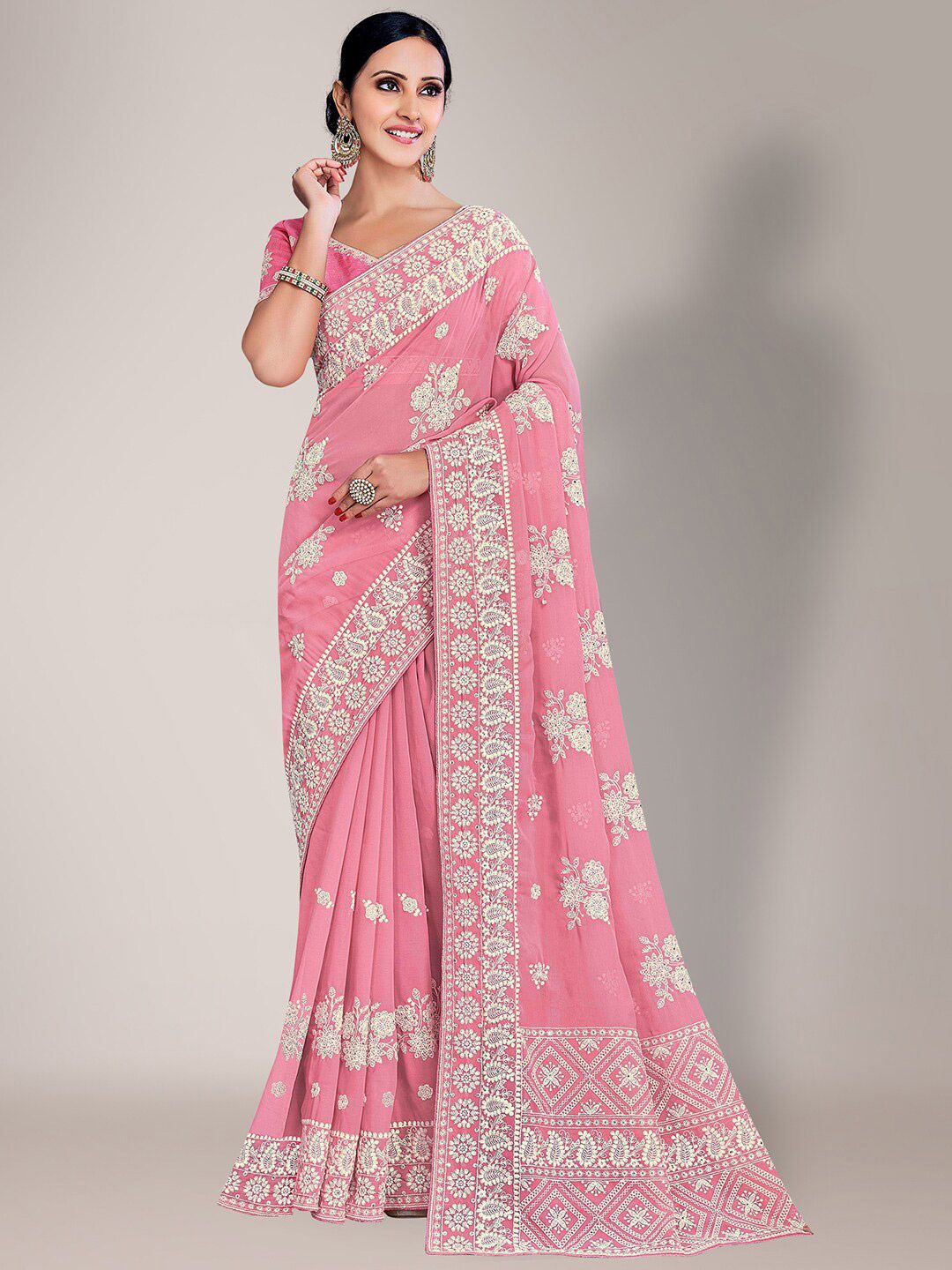 HRITIKA Women Pink Georgette Floral Chikankari Saree