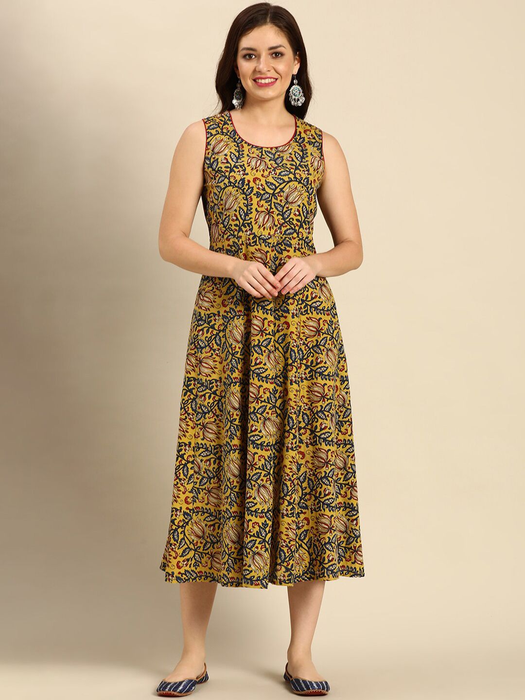 FLAVIDO womens Olive Ethnic Motifs Midi Dress Price in India