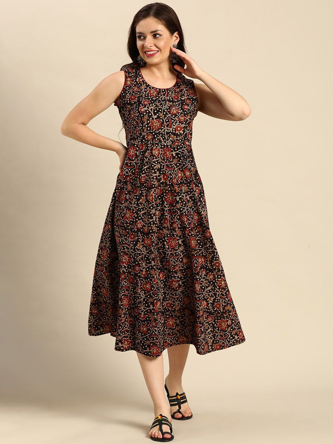 FLAVIDO Black & Brown Floral A-Line Midi Dress Price in India