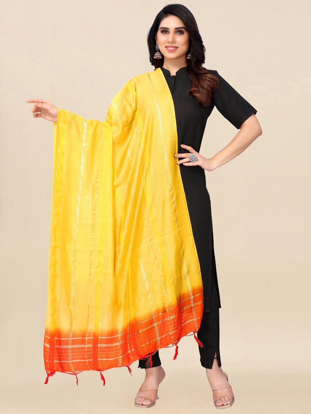 KALINI womens Yellow & Orange Dyed Cotton Silk Dupatta with Zari
