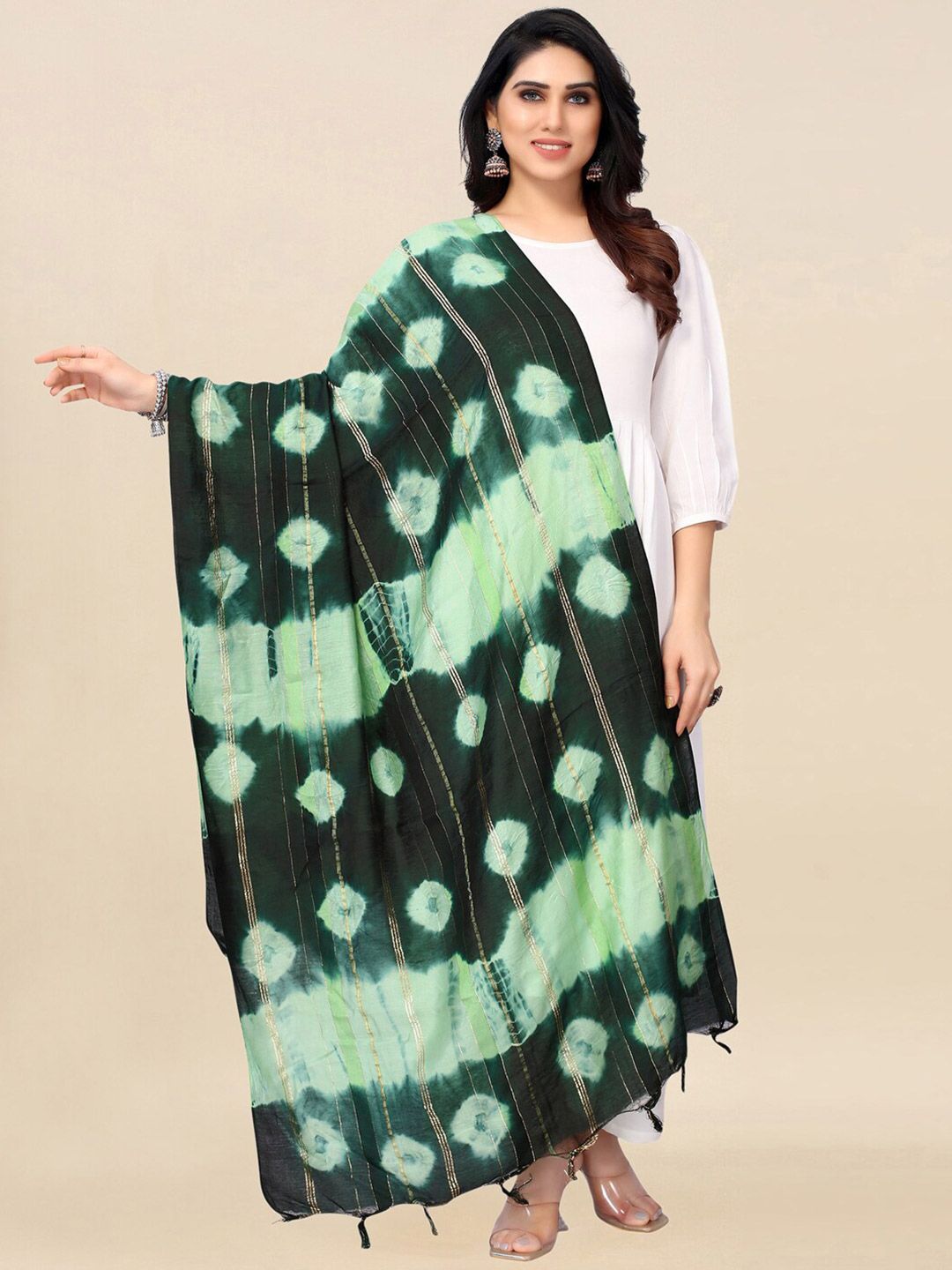 KALINI Green & Gold-Toned Dyed Cotton Silk Dupatta