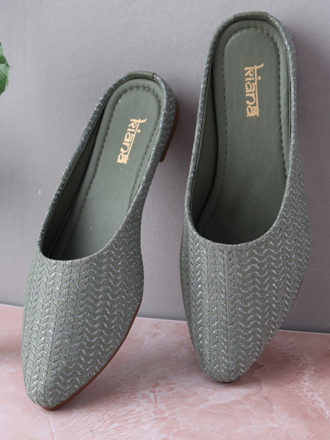 Kiana Women Green Textured Embroidered Mules Price in India
