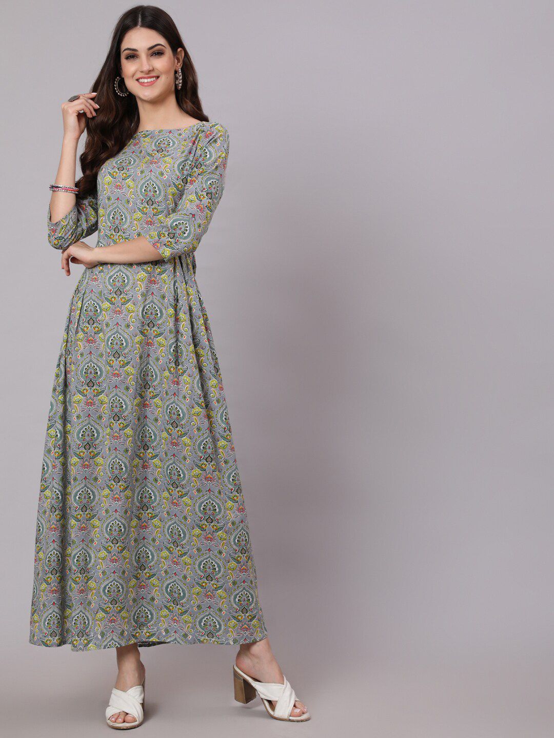 Nayo Grey Floral Ethnic Maxi Dress Price in India