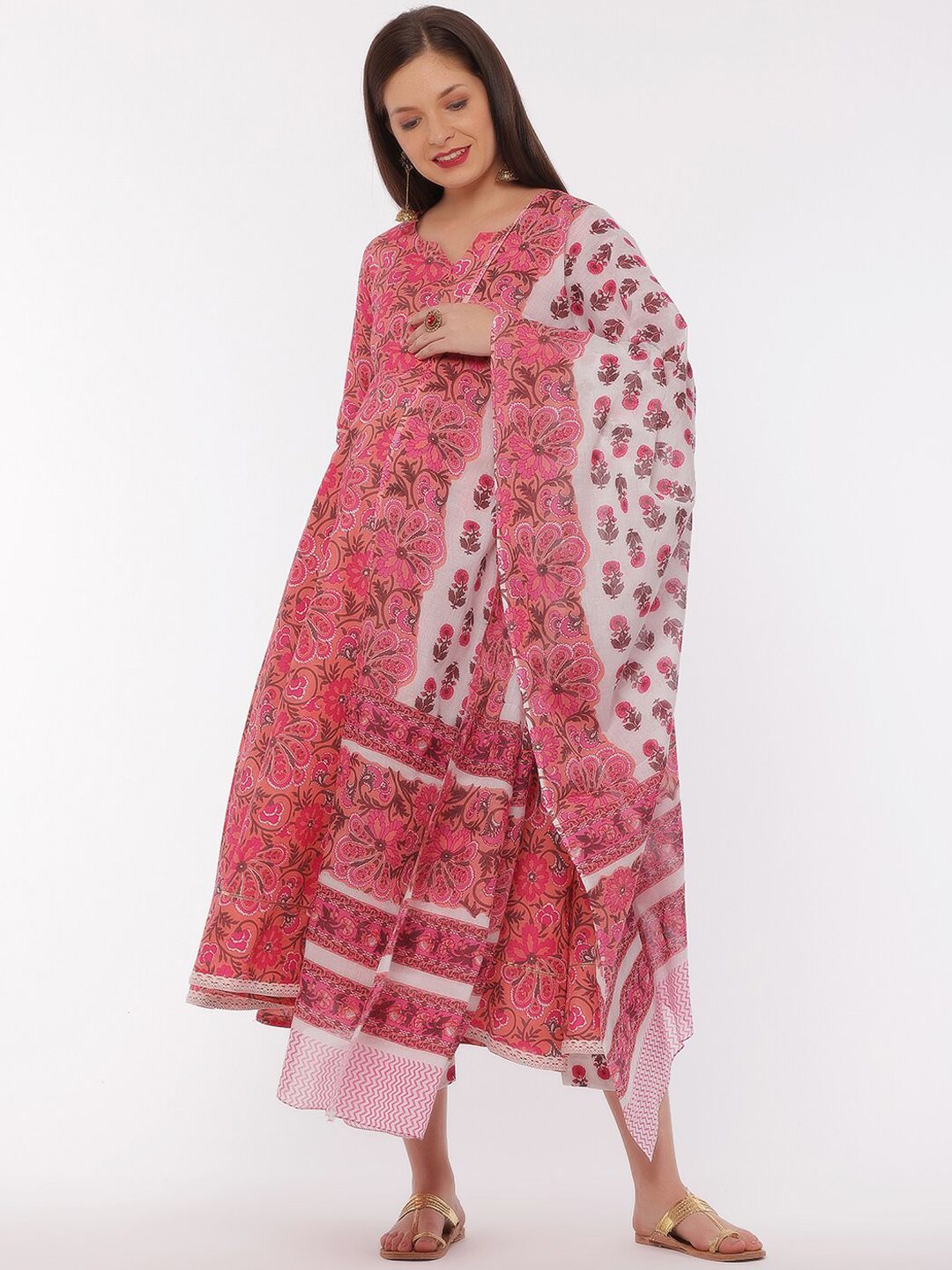 The Mom Store Women Pink Floral Printed Pure Cotton Kurta with Trousers & With Dupatta Price in India