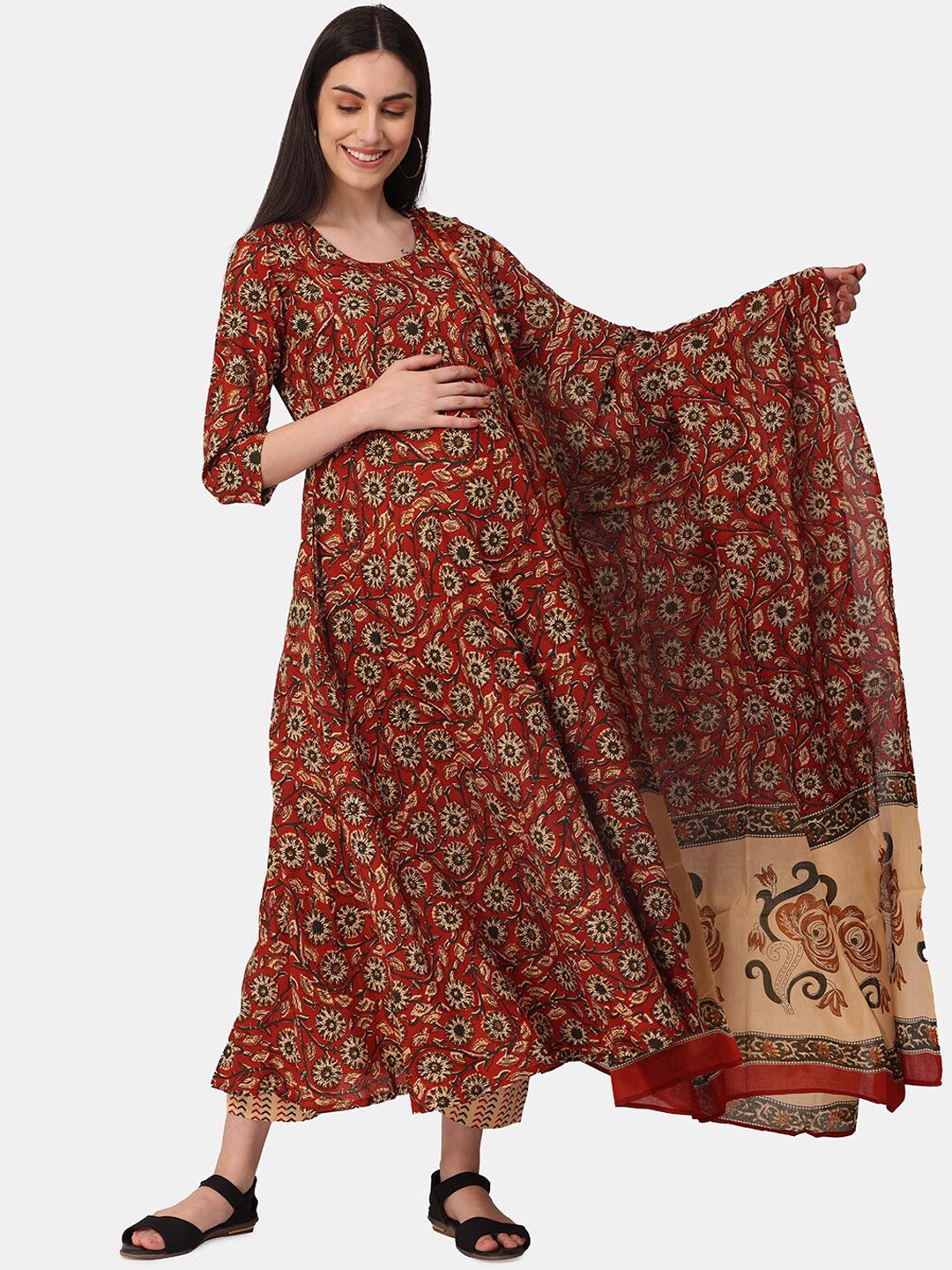 The Mom Store Women Maroon Printed Pleated Pure Cotton Kurti with Trousers & With Dupatta Price in India